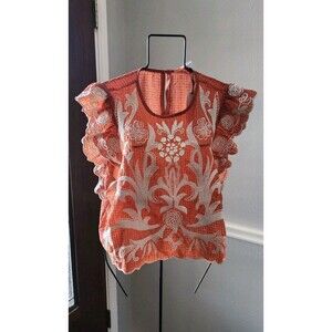 Avara Trudy Embroidery Short Sleeve Ruffle Orange Top Size-L